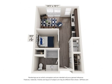 Floor plan for studio, 1 bath, 498 sqft